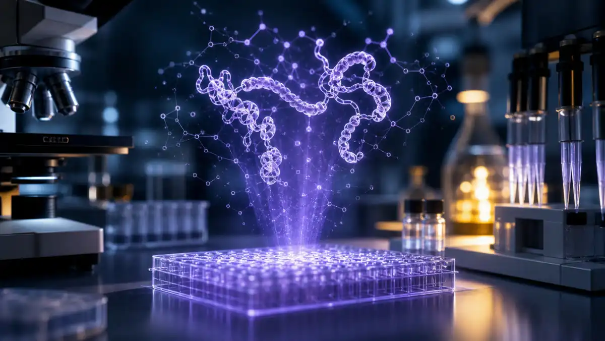An illuminated peptide structure and AI network above a laboratory screening plate representing the Anthropic grant