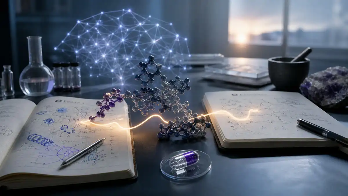 Scientific notebooks, a molecular model and a glowing connection representing the founding idea behind Venomics AI