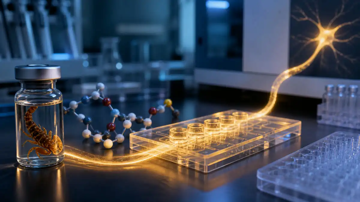 A venom sample, molecular model and illuminated screening platform representing Venomics AI's funding milestone
