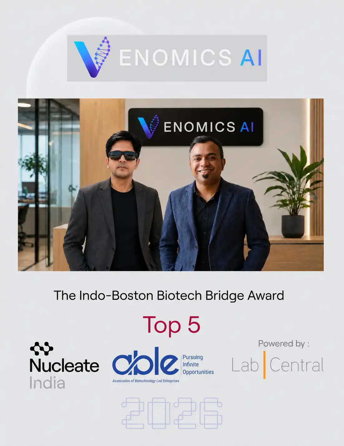 Venomics AI founders featured in the Indo-Boston Biotech Bridge Award 2026 Top 5 announcement