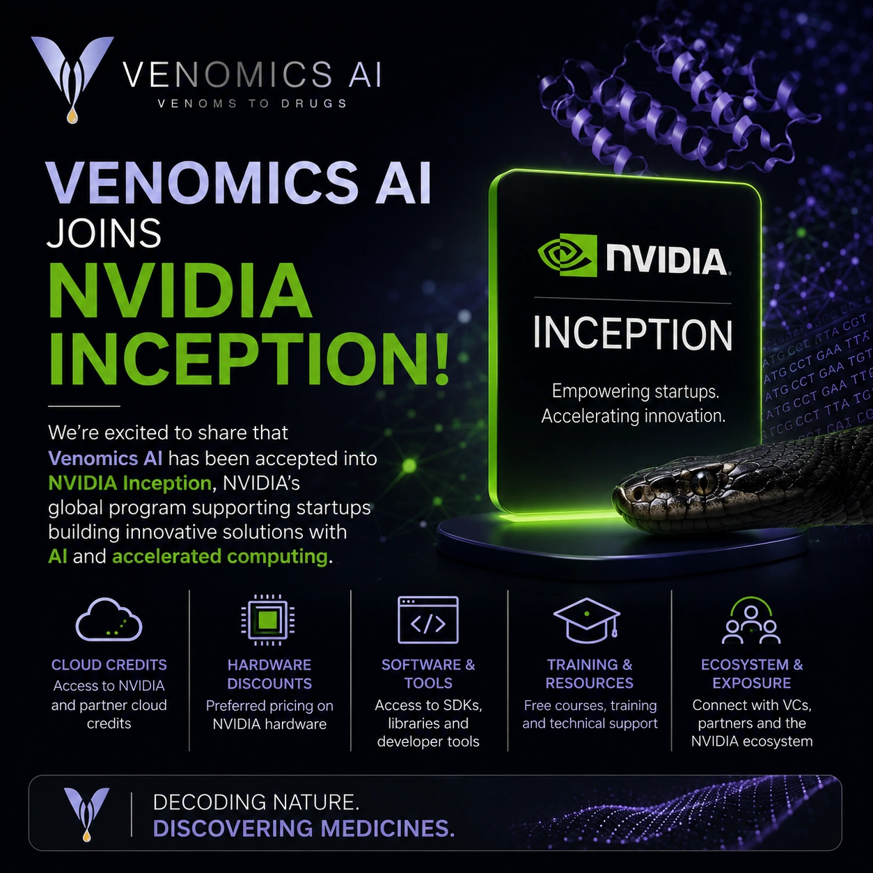 A luminous peptide structure flowing into an accelerated-computing network, representing Venomics AI joining NVIDIA Inception